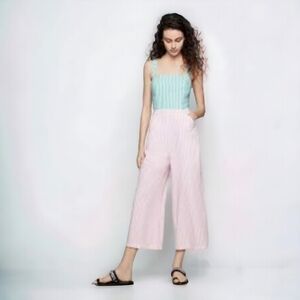 BCBG 90s Sleeveless‎ Cotton Cropped Lined Asymmetric Striped Wide Leg Jumpsuit 6